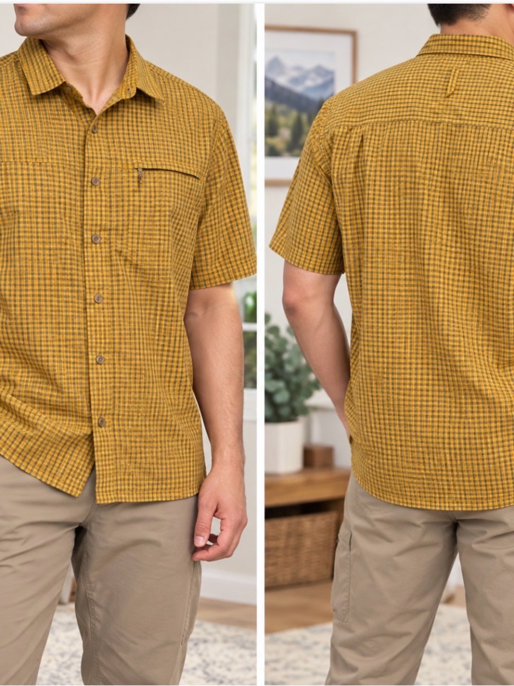 The North Face Men’s M Yellow Plaid Short Sleeve Hiking Shirt Mesh Lined